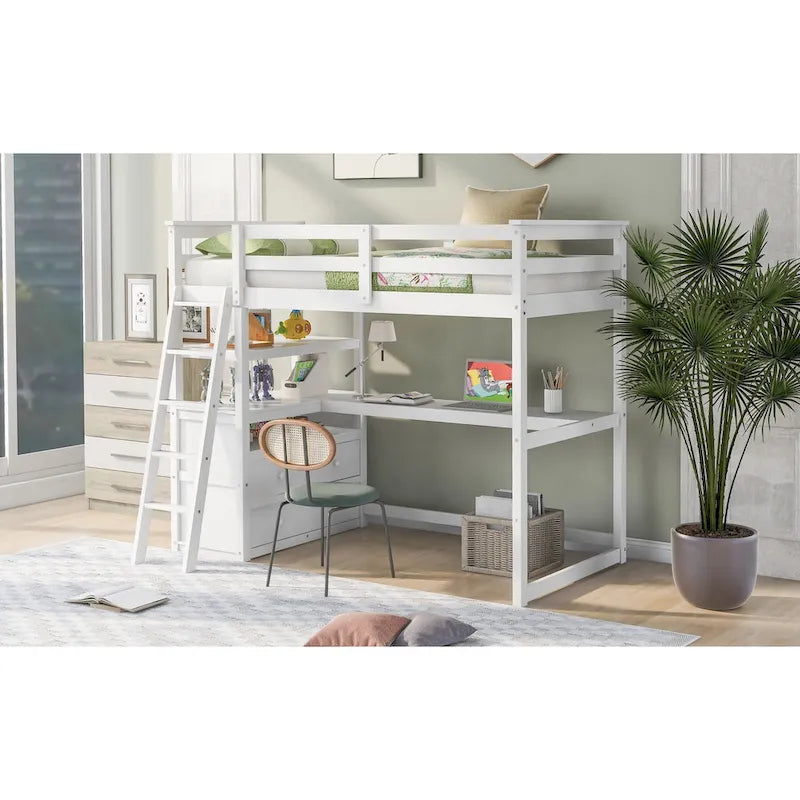 Modern Twin Size Pine Loft Bed with Desk, Shelves and Two Storage Drawers