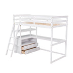 Modern Twin Size Pine Loft Bed with Desk, Shelves and Two Storage Drawers