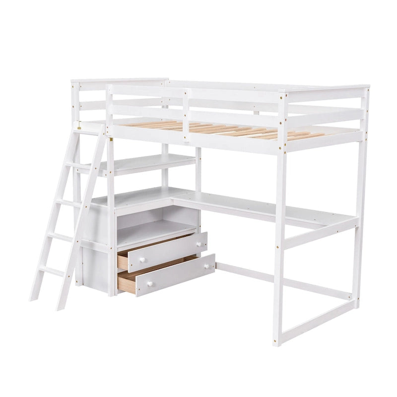 Modern Twin Size Pine Loft Bed with Desk, Shelves and Two Storage Drawers