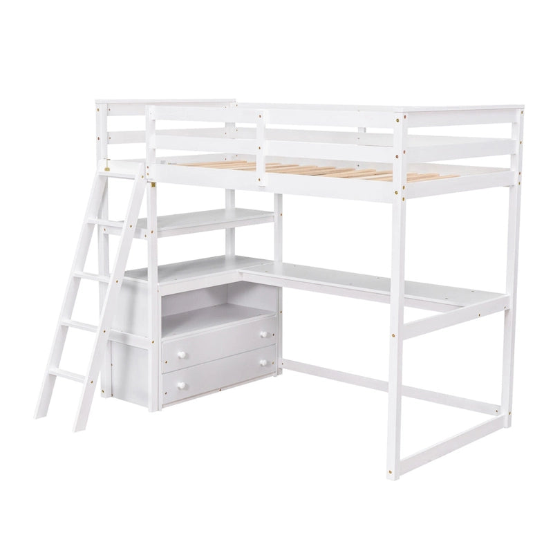 Modern Twin Size Pine Loft Bed with Desk, Shelves and Two Storage Drawers
