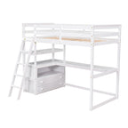 Modern Twin Size Pine Loft Bed with Desk, Shelves and Two Storage Drawers