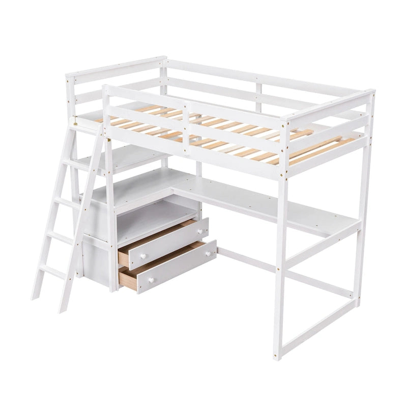 Modern Twin Size Pine Loft Bed with Desk, Shelves and Two Storage Drawers