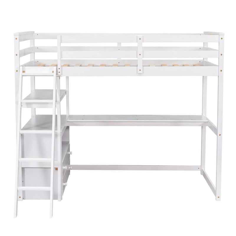 Modern Twin Size Pine Loft Bed with Desk, Shelves and Two Storage Drawers