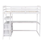 Modern Twin Size Pine Loft Bed with Desk, Shelves and Two Storage Drawers