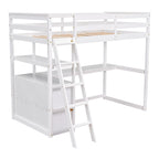 Modern Twin Size Pine Loft Bed with Desk, Shelves and Two Storage Drawers