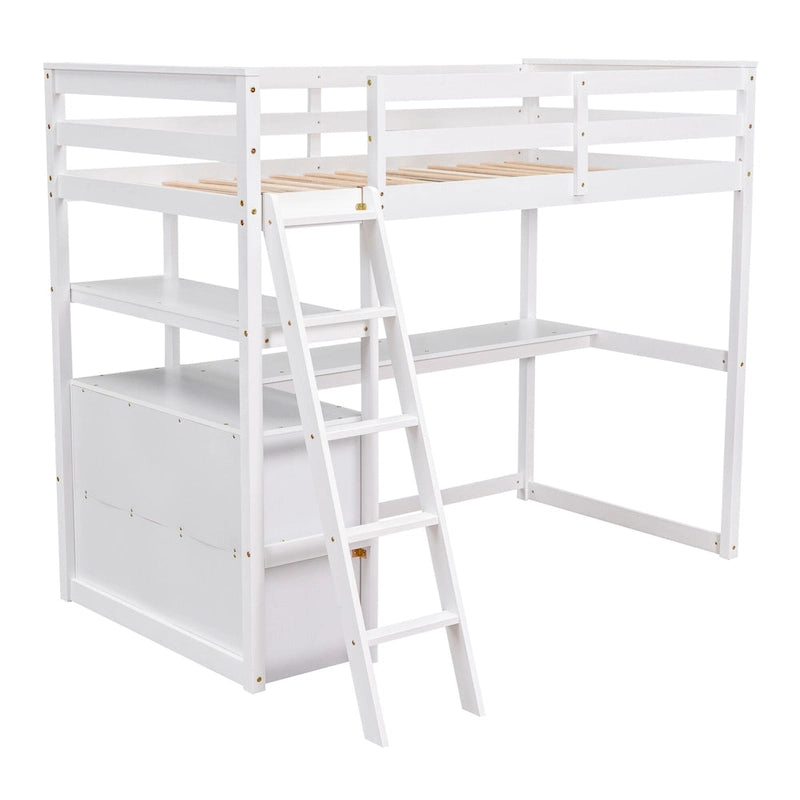 Modern Twin Size Pine Loft Bed with Desk, Shelves and Two Storage Drawers