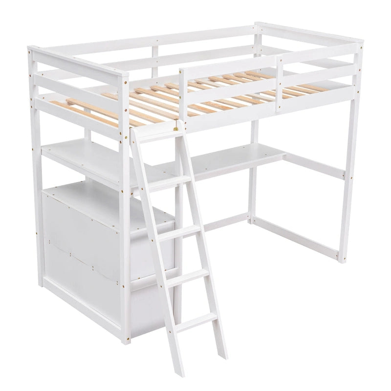 Modern Twin Size Pine Loft Bed with Desk, Shelves and Two Storage Drawers