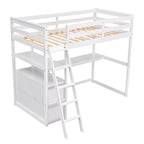 Modern Twin Size Pine Loft Bed with Desk, Shelves and Two Storage Drawers