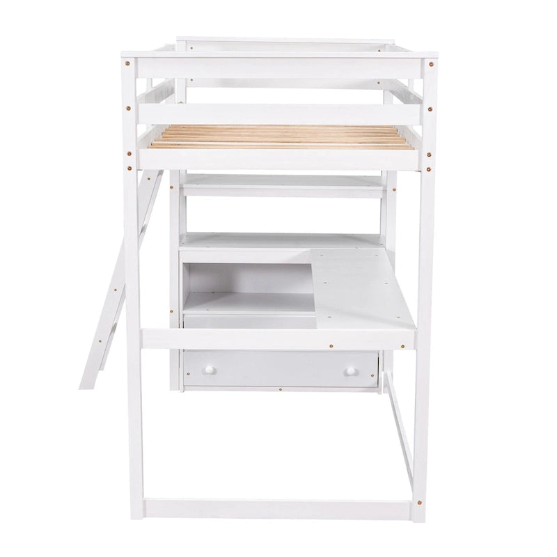 Modern Twin Size Pine Loft Bed with Desk, Shelves and Two Storage Drawers