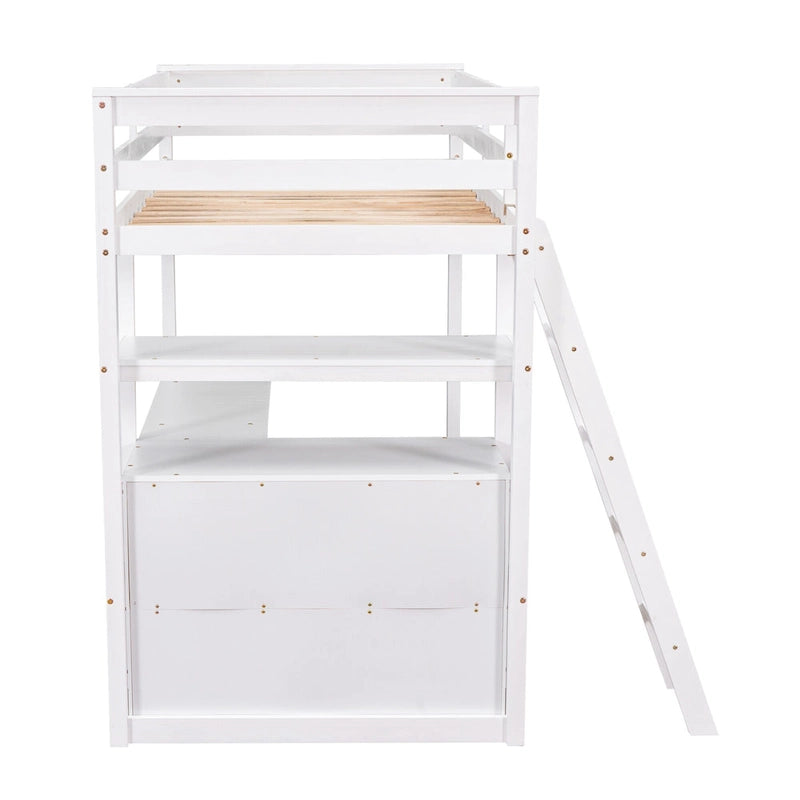 Modern Twin Size Pine Loft Bed with Desk, Shelves and Two Storage Drawers