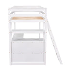 Modern Twin Size Pine Loft Bed with Desk, Shelves and Two Storage Drawers