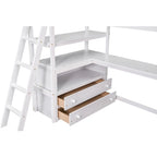 Modern Twin Size Pine Loft Bed with Desk, Shelves and Two Storage Drawers
