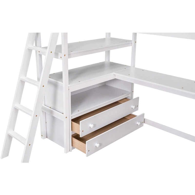 Modern Twin Size Pine Loft Bed with Desk, Shelves and Two Storage Drawers