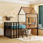 Black Twin Size Metal House Loft Bed with Roof, Window and Ladder