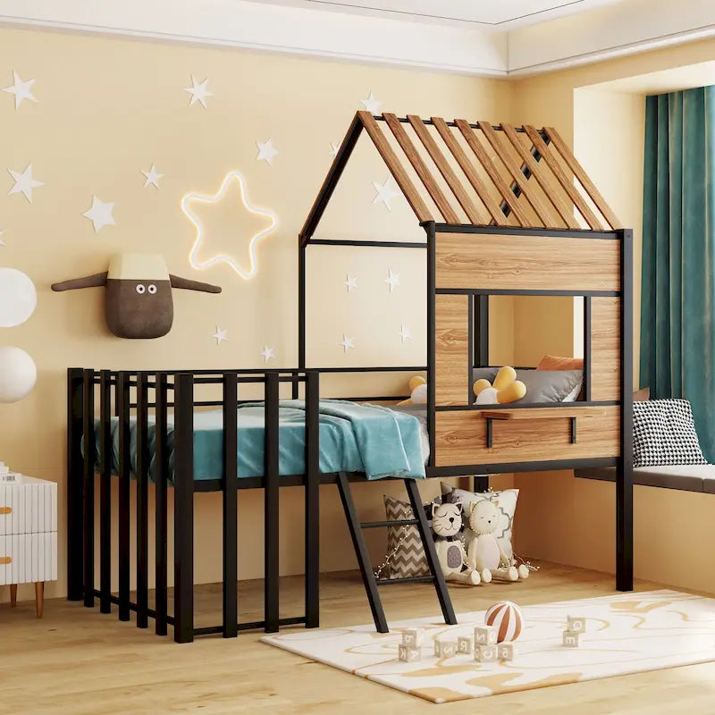 Black Twin Size Metal House Loft Bed with Roof, Window and Ladder