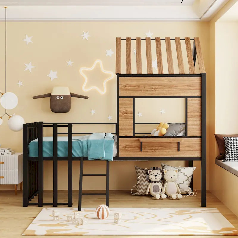 Black Twin Metal Loft Bed with Roof, Window & Ladder