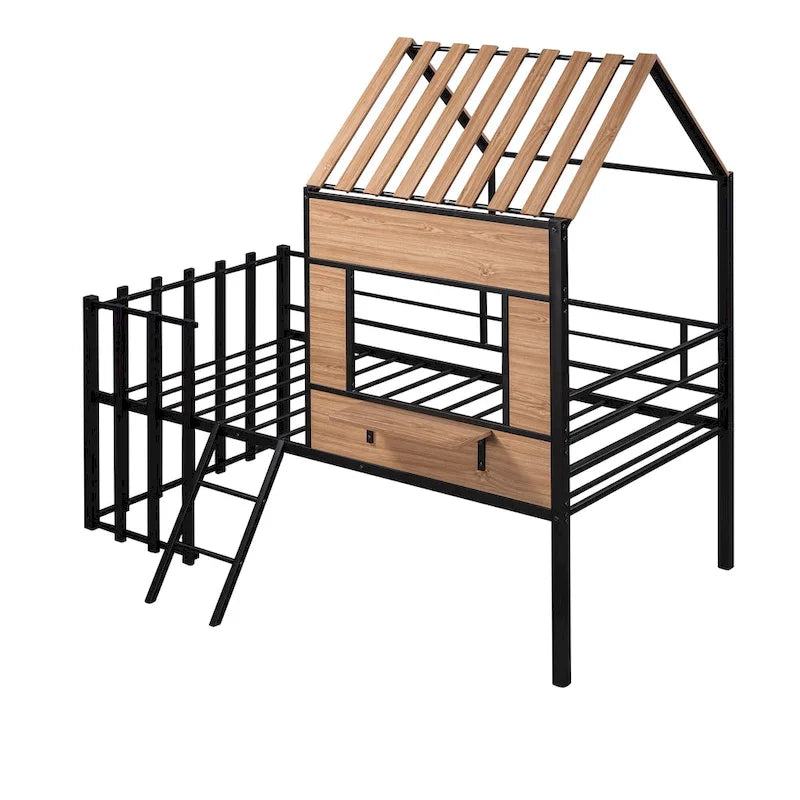 Black Twin Size Metal House Loft Bed with Roof, Window and Ladder