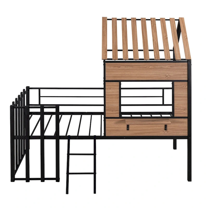 Black Twin Size Metal House Loft Bed with Roof, Window and Ladder