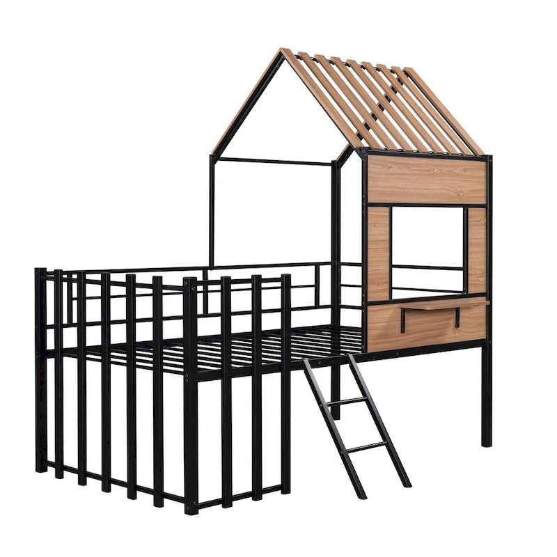 Black Twin Size Metal House Loft Bed with Roof, Window and Ladder