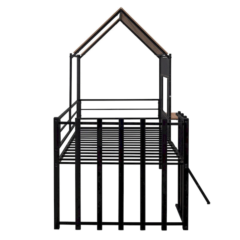 Black Twin Size Metal House Loft Bed with Roof, Window and Ladder