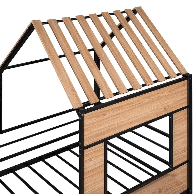 Black Twin Size Metal House Loft Bed with Roof, Window and Ladder