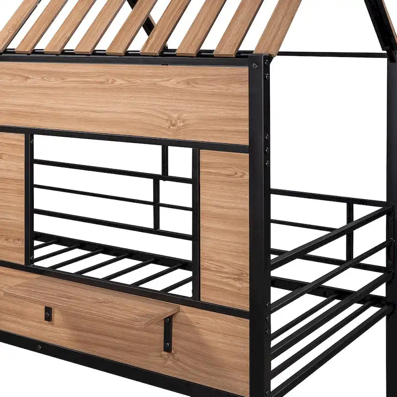 Black Twin Size Metal House Loft Bed with Roof, Window and Ladder