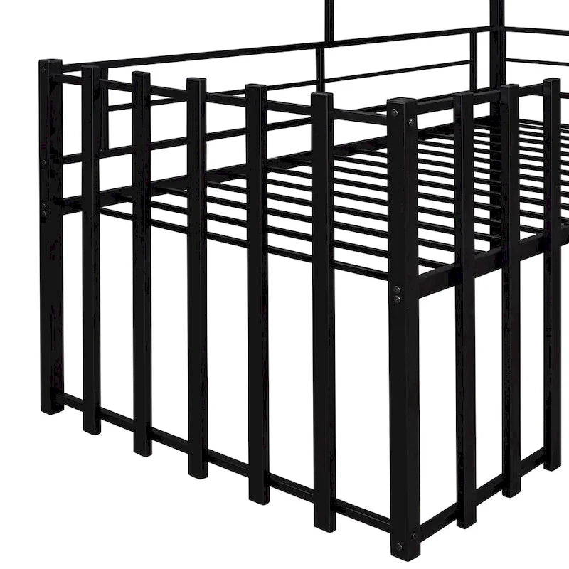 Black Twin Size Metal House Loft Bed with Roof, Window and Ladder