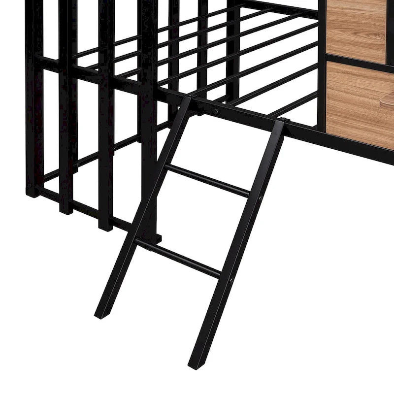Black Twin Size Metal House Loft Bed with Roof, Window and Ladder