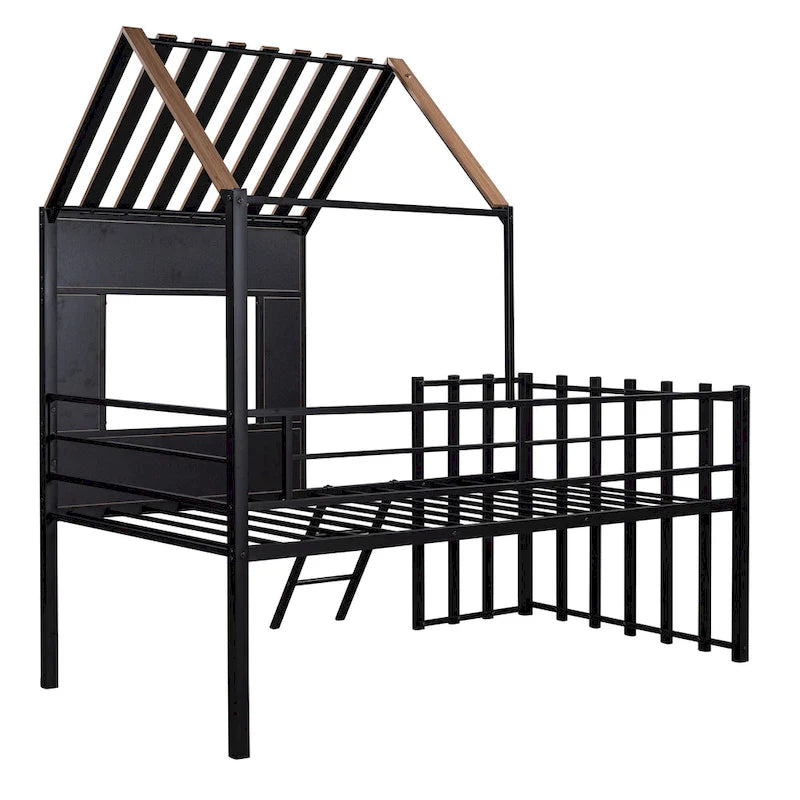 Black Twin Size Metal House Loft Bed with Roof, Window and Ladder