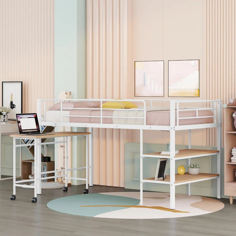 White Twin Size Metal Loft Bed with Desk and Shelves
