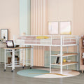White Twin Size Metal Loft Bed with Desk and Shelves