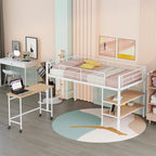 White Twin Size Metal Loft Bed with Desk and Shelves