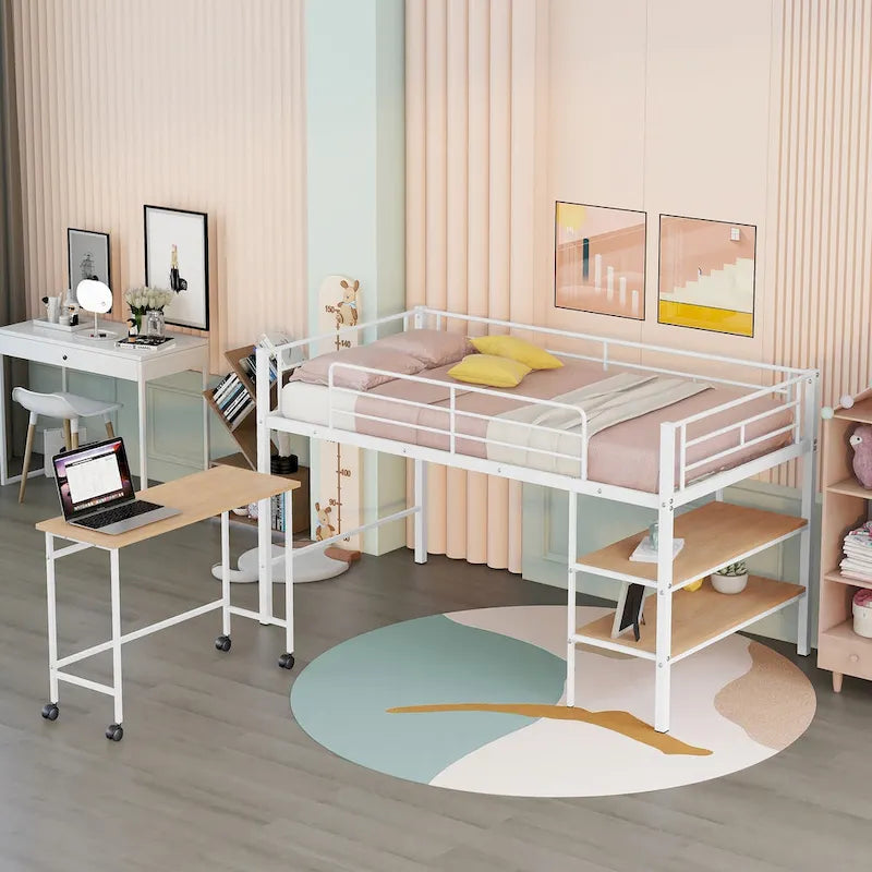 White Twin Size Metal Loft Bed with Desk and Shelves