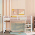 White Twin Size Metal Loft Bed with Desk and Shelves