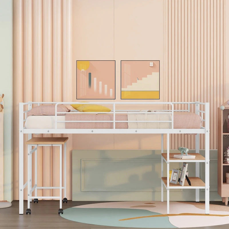 White Twin Size Metal Loft Bed with Desk and Shelves
