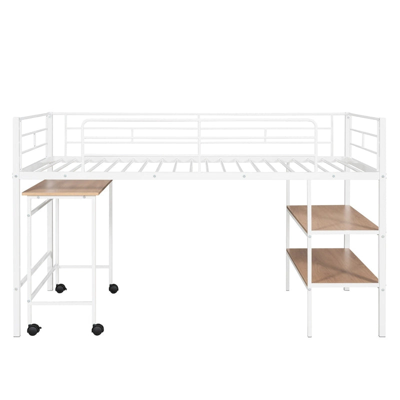 White Twin Size Metal Loft Bed with Desk and Shelves