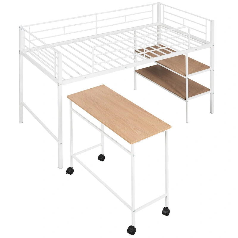 White Twin Size Metal Loft Bed with Desk and Shelves