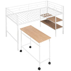 White Twin Size Metal Loft Bed with Desk and Shelves