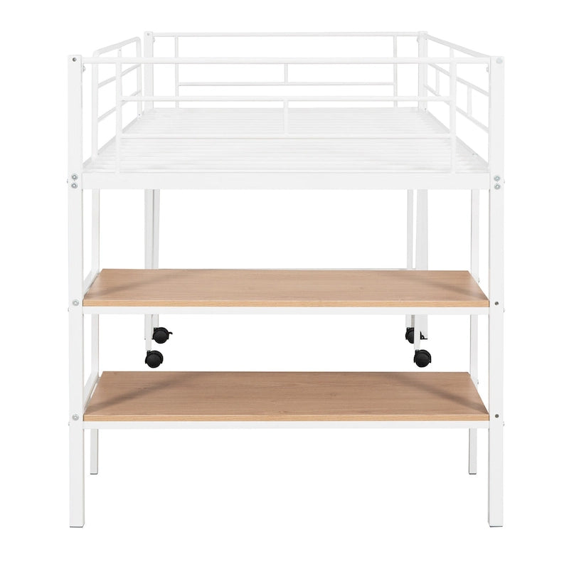White Twin Size Metal Loft Bed with Desk and Shelves