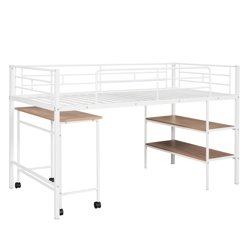 White Twin Size Metal Loft Bed with Desk and Shelves