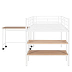 White Twin Size Metal Loft Bed with Desk and Shelves