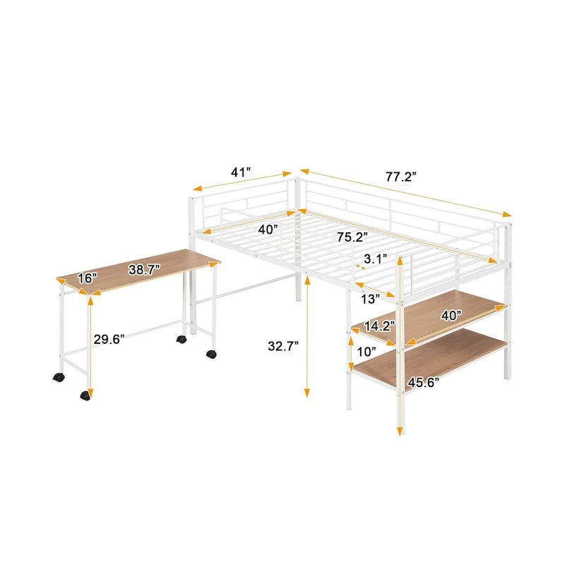 White Twin Size Metal Loft Bed with Desk and Shelves