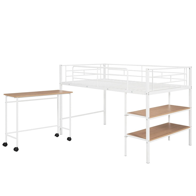 White Twin Size Metal Loft Bed with Desk and Shelves