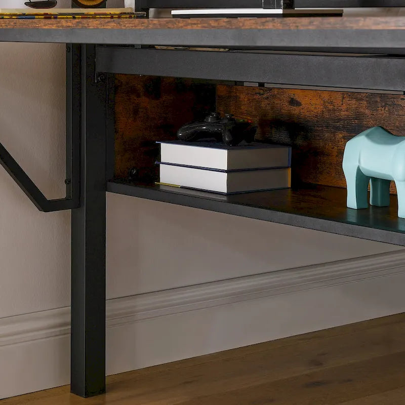 Black+Brown Full Size Metal Loft Bed with Rectangular Desk, LED Lights, and Storage