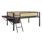 Full Size Metal Loft Bed with Rectangular Desk, LED Lights and Storage, Black+Brown