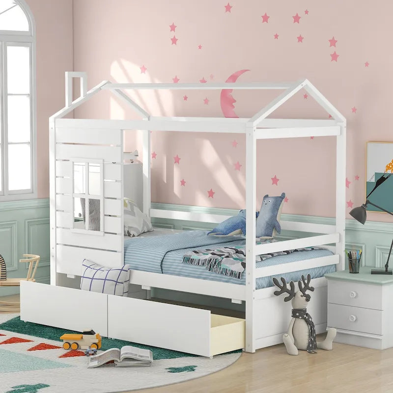 Twin Size Pine House Bed with Two Drawers, Guardrail and Window