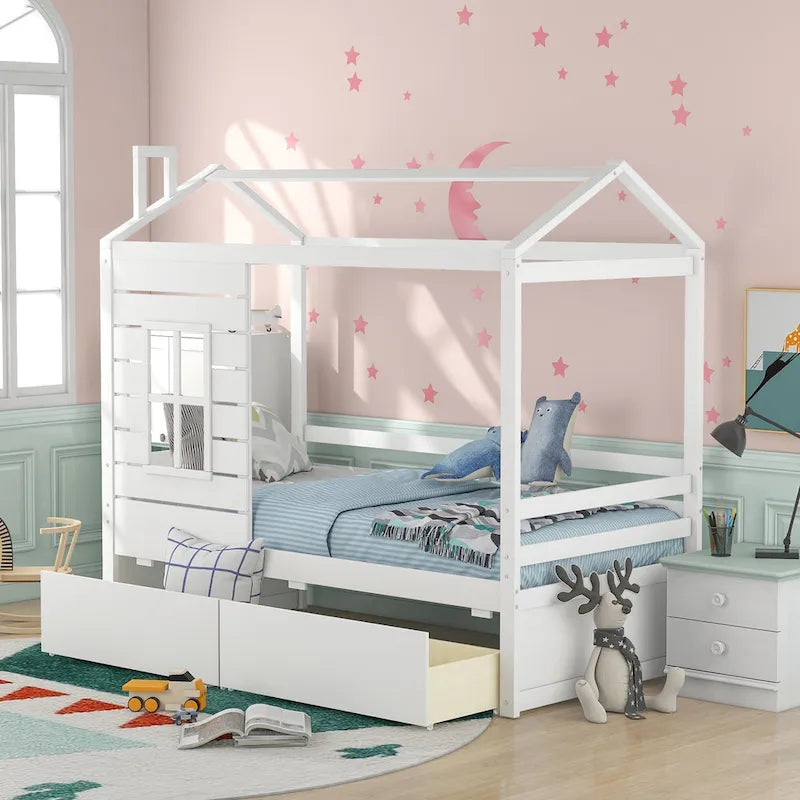 Twin Pine House Bed with Drawers, Guardrail, and Window