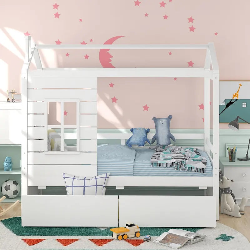 Twin Size Pine House Bed with Two Drawers, Guardrail and Window