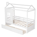 Twin Size Pine House Bed with Two Drawers, Guardrail and Window