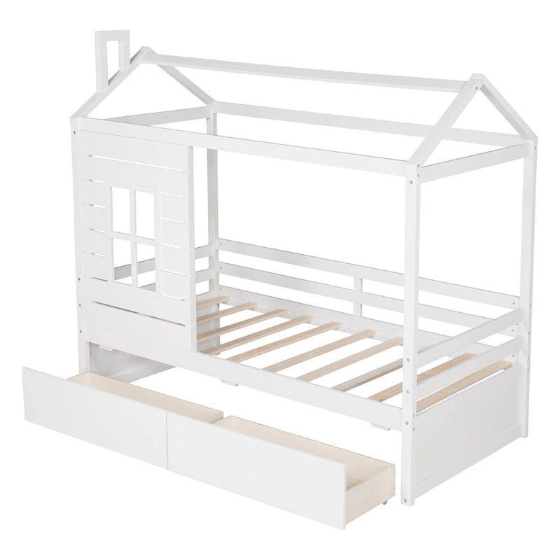 Twin Size Pine House Bed with Two Drawers, Guardrail and Window